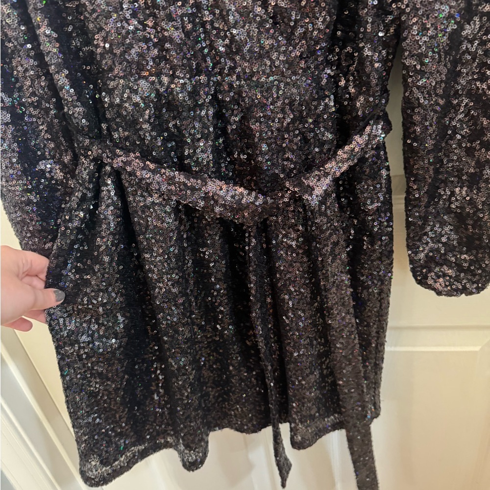 LOFT Shimmering Black Sequin Belted Dress Party Holiday Festival - Picture 4 of 7